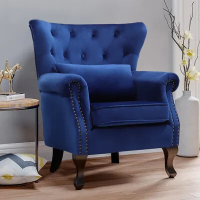 Blue Velvet Button Wing Back Armchair Chesterfield Queen Anne Chair Sofa Seat UK • £159.95