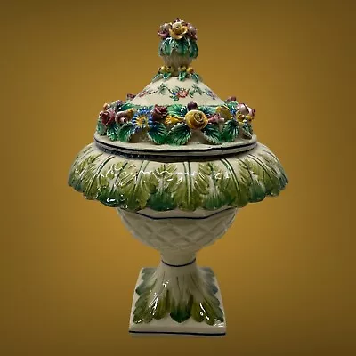 Vintage Italy Italian Majolica Ceramic Flowers Pedestal Covered Dish Centerpiece • $83.72