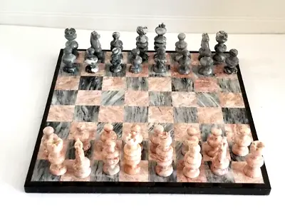 Marble Chess Set Pink Rose Onyx Black Gray Stone 13.5  Board And 32 Pieces • $49.95