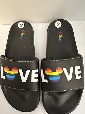 New DISNEY Mickey Mouse Rainbow Love Slide Sandals Sz Small Pride Black LGBT • £19.28