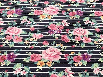 Roses Striped Navy Cotton Jersey Fabric French Terry 4 Way Stretch 1/2 And 1m • £6