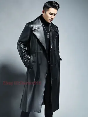 Long Cool Waterproof Black Pu Leather Trench Coat Men Double Breasted Outerwear • $109.42