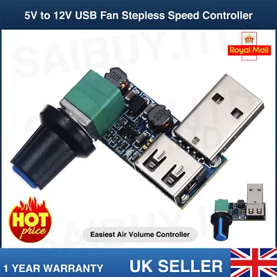 5V To 12V USB Fan Stepless Speed Controller Regulator Variable Switch Module UK • £5.99