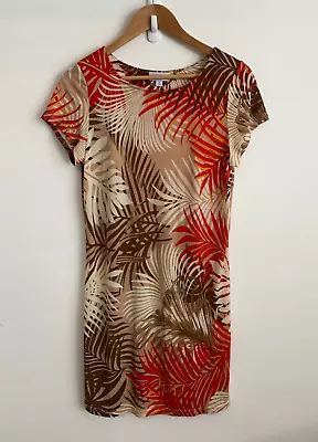 Queenspark Dress Womens Size 8 Red Orange Leaf Short Sleeves Round Neck Shift • $34.99