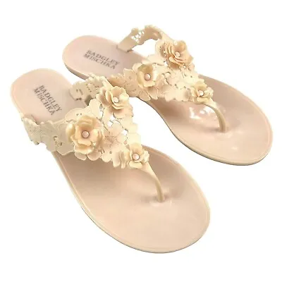 Badgley Mischka Bali Jelly Thong Sandals Size 9 Light Pink 3D Flower Rubber PVC • £49.32