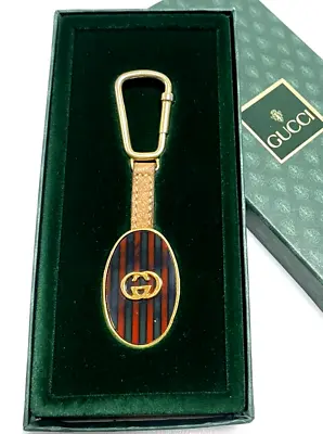 GUCCI Vintage Keychain Key Ring GG Bag Charm With Case Gold Leather Authentic • $149.80