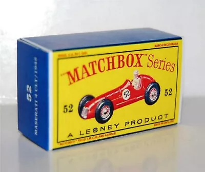 Matchbox Lesney No 52  MASERATI 4CLT/1948 RACE Empty Repro D Style Box • $7.26