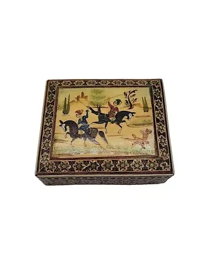 Persian Khatam Marquetry Hand Painted Hunting Scene Wood Trinket Jewelry Box • $15.90