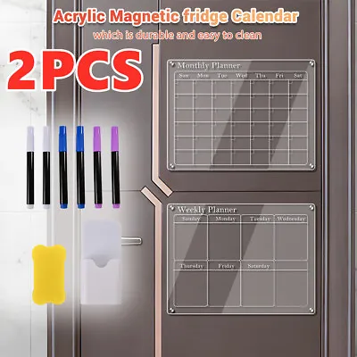 Acrylic Clear Magnetic Refrigerator Calendar Weekly+Monthly Dry Erase Board Set • £14.95