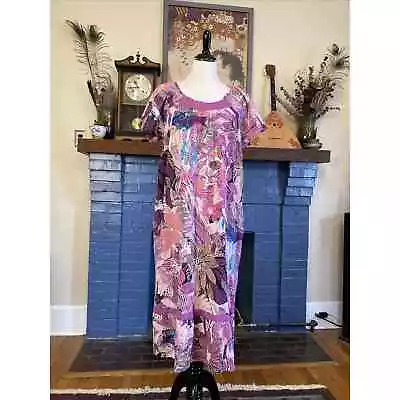 VINTAGE Daffodi Floral Cotton Mumu House Dress Patio Short Sleeve Pockets M/L • $19.99