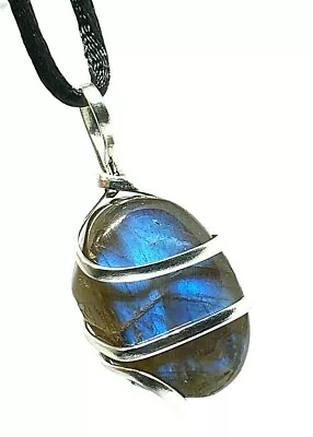 Labradorite Necklace Wire Wrapped Pendant Gemstone Tumble Transform Stone Cord   • £3.75