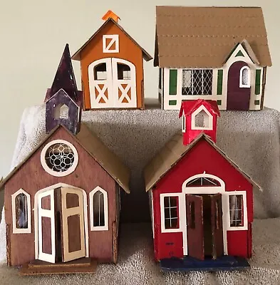 WOODEN VILLAGE Church Barn General Store Doll House 4 Wood Buildings Mini TOWN • $39.99