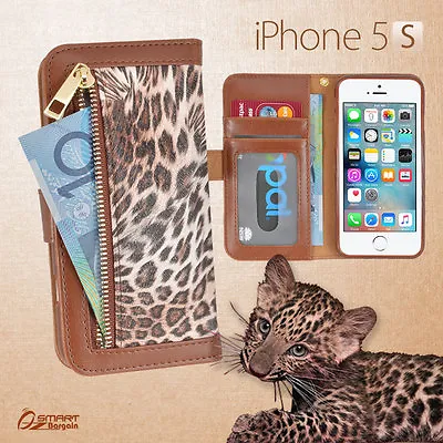 Leopard Zip Wallet Bag ID Card Flip Leather Case Cover For IPhone 5s 5c 6s Plus • $9.99