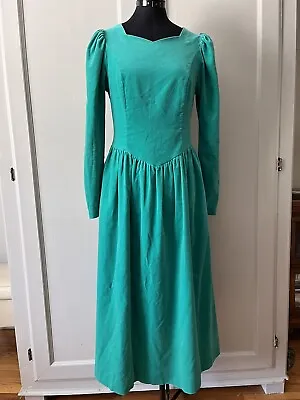 Laura Ashley Vintage 1980s Aqua Green Cottage Prairie Velvet Puff Dress US Sz 8 • $98.80