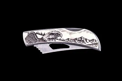 Scrimshaw Eagle Face Stainless Steel Silver Hawk Pocket Knife • $27.20