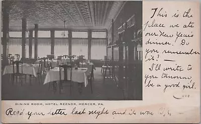 Postcard Dining Room Hotel Reznor Mercer PA 1907 • $20