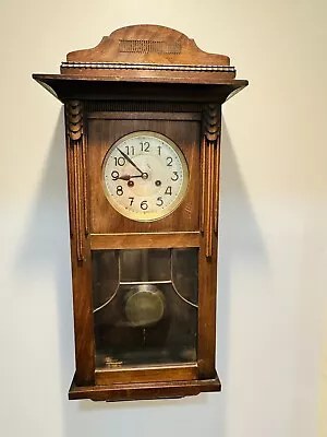 Old Vtg 1920 F. Mauthe Art Deco Wood Hanging Clock Glass Front Deep Viola Gong • $598.30