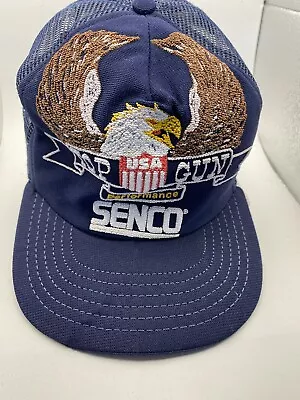 Vintage Senco Hat Cap Mens Snap Back Blue Mesh Trucker Top Gun Eagle Made In USA • $36