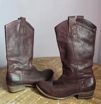 FRYE Brown Leather Western Boots 77687 Carson Mid Calf Riding Women's Size 8 B • $55