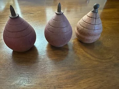 Three Antique Wooden SPINNING TOPS With Metal Tip - Vintage Wood Toy • $9.99
