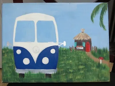 Vw Blue White Bus Volkswagen 9x12 Canvas Painting • $14.99