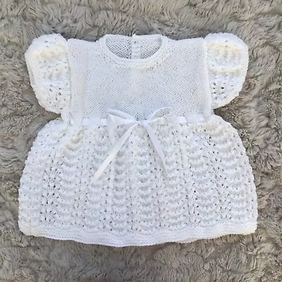£9 • Buy Hand Knitted Dress Age 0-3 Months, White With White Ribbon