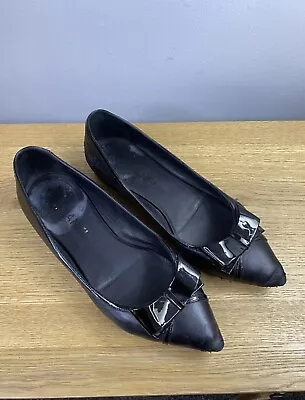 Chanel Black Leather Bow Detail Pointed Toe Ballet Flats 39 Italy G32236 39C 6 • £49.99