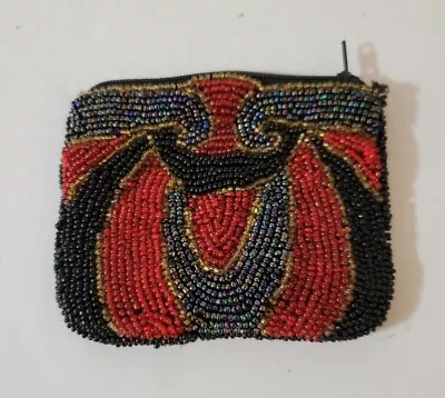 Vintage Hand Beaded Coin Purse Zipper Red Black Seed Bead Silk Underfabric • $17.60