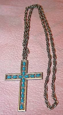 Lovely Vintage Mid Century Blue Turquoise Cross Necklace W/ 22  Chain • $14.71