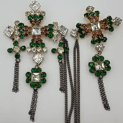 Vintage Shrager Green Crystal Topaz Rhinestone Maltese Cross Chatelaine Brooch • $12.50