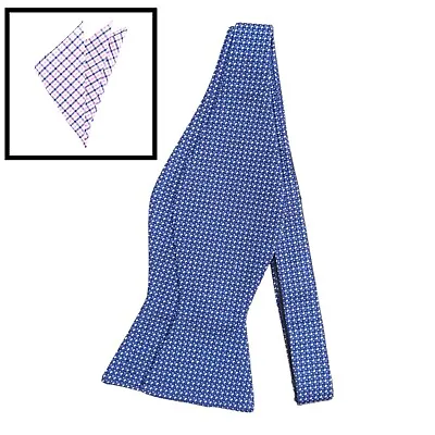 BOW TIE SELF TIE Silk Blue Micro Woven Mens Adjustable Bowtie POCKET SQUARE Set • $12.87