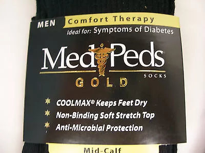 DIABETIC Socks 6 Pair Men Coolmax MediPeds Gold Mid-calf Turn Cuff  Black  • $12