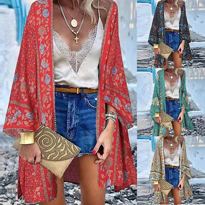 Womens Bohemia Floral Cardigan Kimono Sleeve Beach Cover Up Tops Coat AU • $23.86