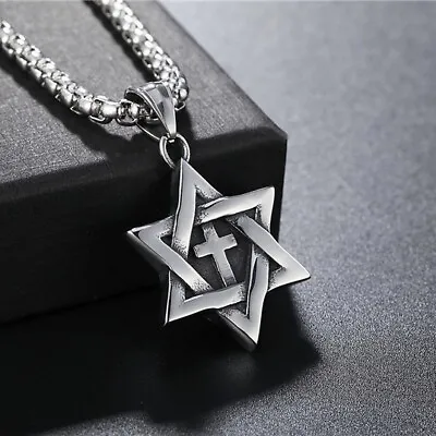 Mens Silver Jewish Star Of David Messianic Cross Pendant Necklace Punk Jewelry • $7.99