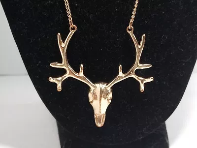 Deer Elk Head Antler Gold Tone Metal Pendant Long 16  Chain Necklace Skull • $9.95