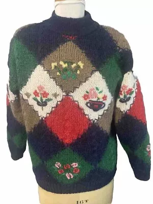 Vintage SIBA Lined Mohair Wool Blend Floral Hand Knit Sweater MEDIUM • $7.94