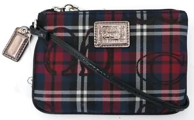 New NWT Coach Poppy Red Black Navy Shimmering Tartan Plaid Wristlet Wallet Purse • $72.48