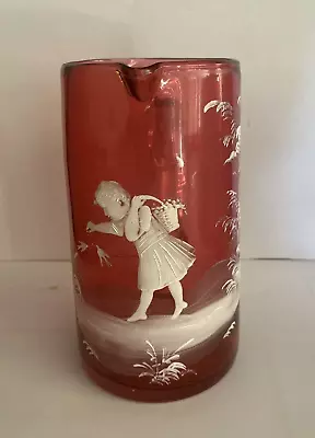 Antique MARY GREGORY Cranberry Glass Pitcher Jug Girl Feeding Bird • $279