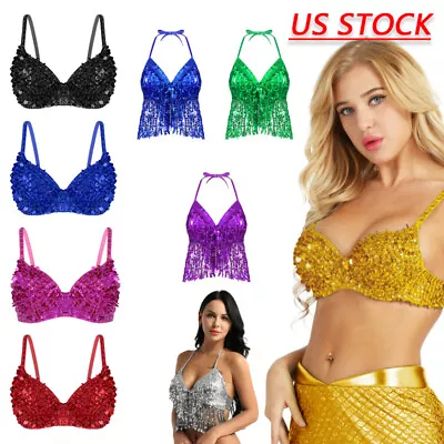 Freebily US Womens Sparkle Sequins Bra Top Beading Belly Dance Clubwear Crop Top • $13.56