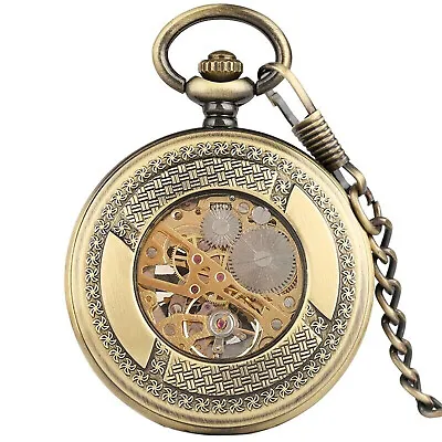 Vintage Mechanical Black Steampunk Skeleton Pocket Watch With Chain For Men • £21.59