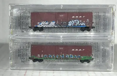 Micro-trains Line Z Scale 50' Weatheredw/graffiti Box Car 2-pk Bnsf  51144191 • $64.95