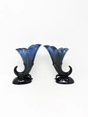 CCC Pottery Vases Set Of 2 Floral Cornucopia Design Blue Glaze Vintage Canadian • $26.60