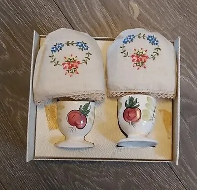 2 Boxed Vintage Ceramic Egg Cups & Embroidered Floral Irish Linen Cosies Easter  • £7