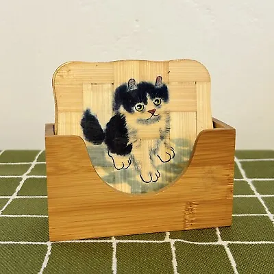 Vintage Bamboo Kitten Coaster Set Of 3 Japan Kitsch Retro With Holder Cats  • $16.99