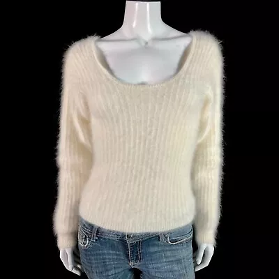 70% Angora Fuzzy Vintage MODA INTERNATIONAL Ivory Scoop Neck Sweater 32 In Bust • $47.99