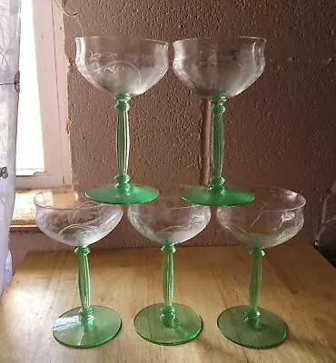 Uranium Tiffin Glass 15018 Wheel Etched Grape & Vine Champagne Glasses Set Of 5 • $49.95