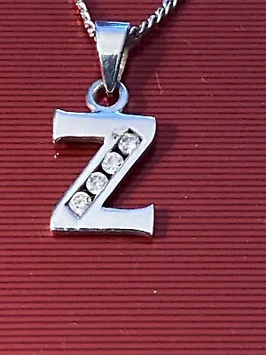Sterling Silver 925 Initial Letter Z CZ Stones 45cm Box Chain Necklace Pendant • £14