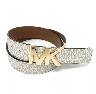 Michael Kors Belt Vanilla/luggage Xl Printed Mk Logo With Gold Mk Logo Buckle • $43.50