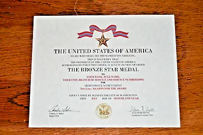 The Bronze Star Medal Replacement Certificate • $18.95