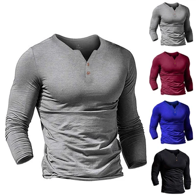 £12.39 • Buy Men Solid V Neck Henley Shirt Long Sleeve Basic T-shirt Slim Fit Buttons Tee Top
